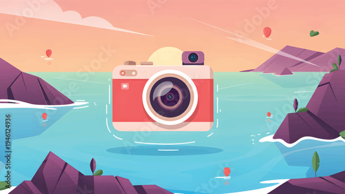 Coral camera floats on turquoise water near purple islands at sunset, travel vacation adventure