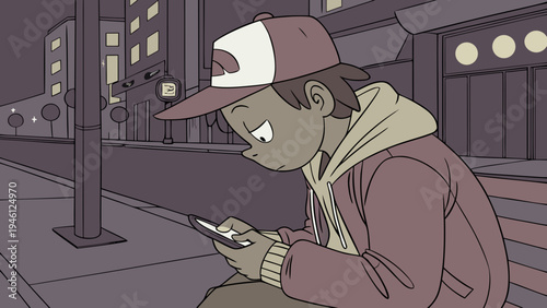 Cartoon boy on a park bench on a busy avenue at night, focused on the screen of his cell phone illuminating his face, hyper-realistic style, urban atmosphere.