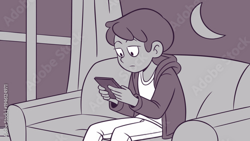 Cartoon boy on a minimalist sofa, face illuminated by a cell phone screen, nighttime setting with soft ambient lighting.
