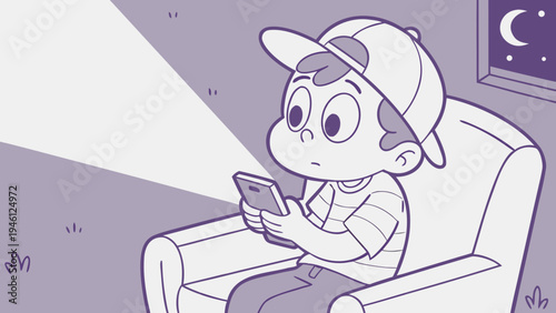 Cartoon boy on a minimalist sofa, face illuminated by a cell phone screen, nighttime setting with soft ambient lighting.