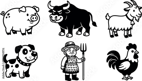 Cute farm animals and happy farmer girl holding pitchfork in vector art icons set with pig dog bull goat and rooster illustrations