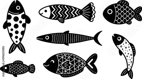 Black and white folk art style vector fish collection with geometric and dotted patterns isolated on white background