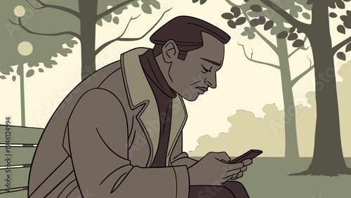 A hyper-realistic cartoon character in close-up sitting on a park bench with trees in the background, staring intently at a smartphone.