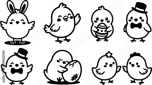 Cute black and white line art cartoon chicks with hats eggs and bunny ears in various poses and expressions vector