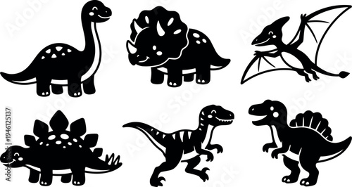Cute black silhouette dinosaurs set smiling brontosaurus triceratops pterodactyl stegosaurus velociraptor spinosaurus in cartoon style