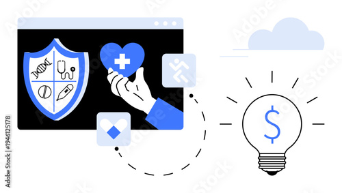 Health insurance, digital medicine, financial planning, innovation, healthcare technology, medical funding. A hand holds a heart near a medical shield and dollar sign. Health insurance and digital