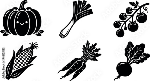 Flat design cute smiling pumpkin fresh corn ripe tomatoes fresh bunch of carrots leafy radish and crunchy leek vegetables vector art icons