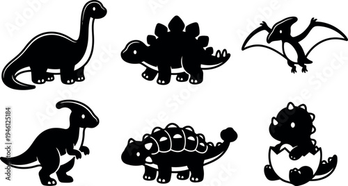 Silhouette style cute black dinosaur vector set with baby hatching from egg and flying pterosaur illustration collection