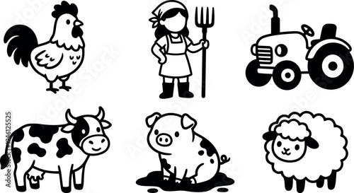 Black and white vector art of farm animals including cow pig sheep rooster and female farmer with pitchfork tractor icon set