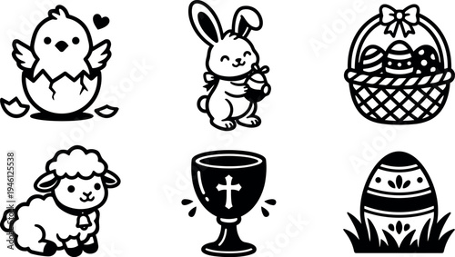 Cute black and white line art easter icons including chick hatching bunny holding egg basket with decorated eggs lamb cup with cross and painted egg on grass