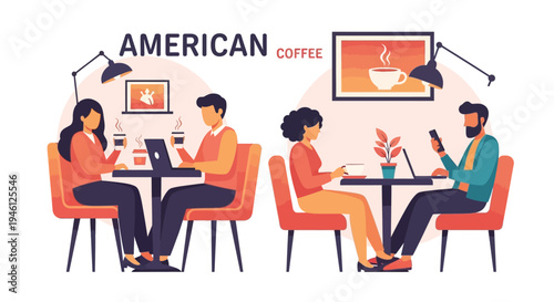 Illustration of people sitting at tables in a modern American coffee shop with a warm atmosphere