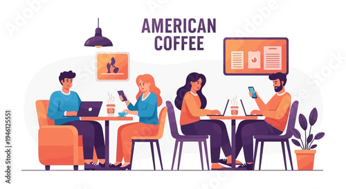 Illustration of people sitting at a table in a modern American coffee shop with laptops and smartphones