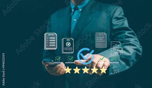 Photography Businessman interacting with digital interface showing checked documents and a 5-star rating system, symbolizing document evaluation, quality control, feedback, and business performance assessment