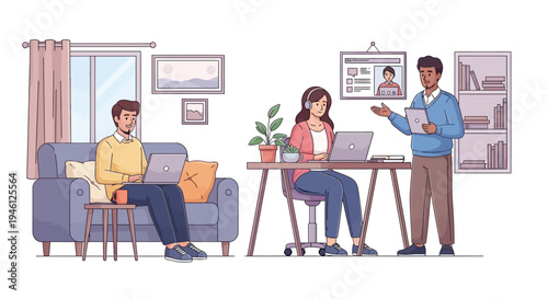 Illustration of a businessman presenting to a man on a couch and a woman working on a laptop in a modern home office with a city view, conveying a productive summer day in America