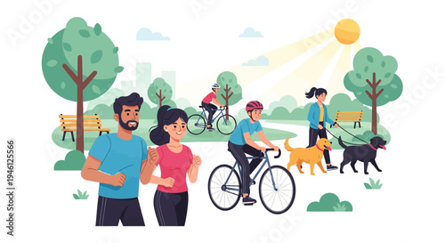 A vibrant illustration of a diverse group of people engaging in outdoor activities on a sunny day in a park with lush trees and green grass in America