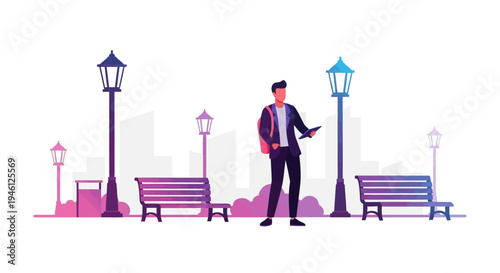 An illustration of a businessman standing on a city sidewalk with benches and street lamps at dusk in America