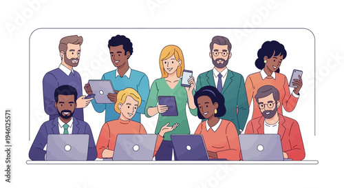 Illustration of a diverse group of business professionals working on laptops and using mobile devices in a modern office setting with a professional and productive mood