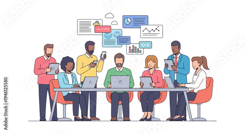 Illustration of a diverse business team collaborating with laptops and devices in a modern office setting with a professional atmosphere