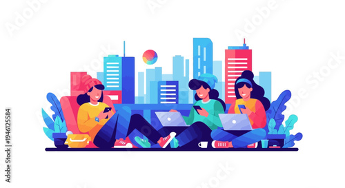 Illustration of people working on laptops in a city setting with an evergreen tree, conveying a business and productive mood in America