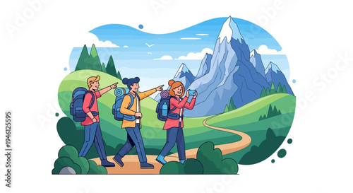 Vector illustration of three hikers walking on a winding trail through a scenic landscape with mountains and trees in summer
