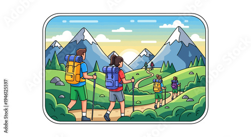 Illustration of a family hiking with backpacks on a trail in a scenic mountain range with lush greenery and a sunny sky