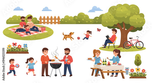 A colorful illustration of a family enjoying a summer picnic in a park with lush green trees and a wooden fence, featuring people of different ages engaging in various leisure activities