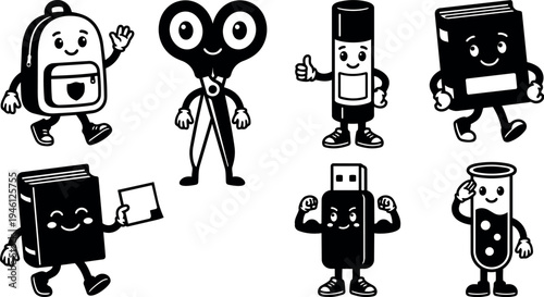 Cute smiling cartoon school backpack scissors glue stick book flashcard usb stick and test tube characters walking and posing vector art