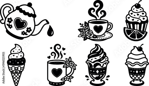 Black and white cute tea pot pouring heart tea cup cupcake ice cream vector icons with floral decorations and sweet treats art