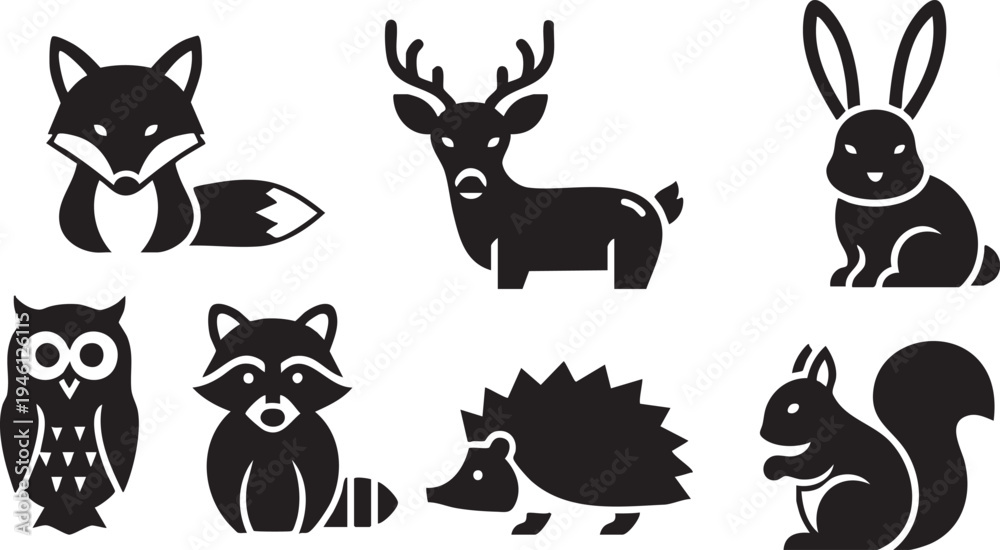 Obraz premium Black silhouettes of forest animals on white background including fox deer rabbit
