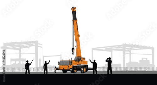 Vector illustration of orange construction crane with workers