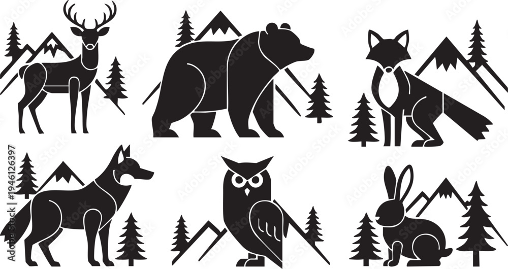 Fototapeta premium Black silhouettes of forest animals and trees in mountain landscape