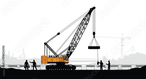 Vector illustration of construction crane and workers on building site