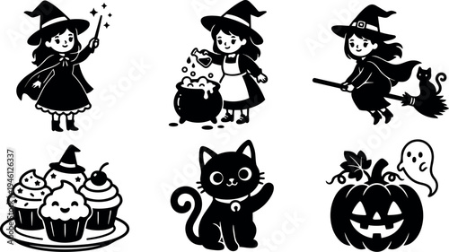 Black and white vector art cute little witches casting spells brewing potions flying broomstick with cat smiling black cat spooky pumpkin ghost halloween theme