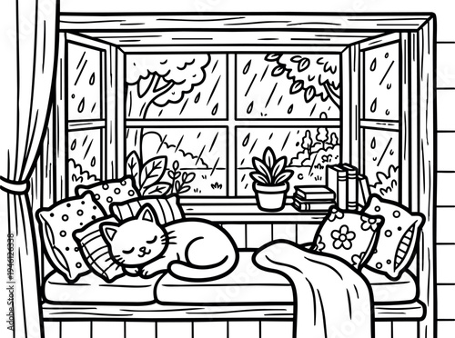 Black and white line art cozy window seat with sleeping cat surrounded by pillows blanket plant and rainy window background