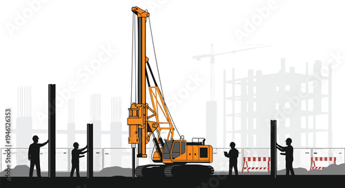 Vector illustration of construction workers with drilling machine and fence posts