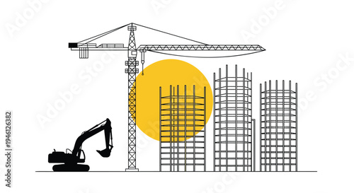 Vector illustration of construction site with crane, excavator and rebar