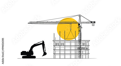 Vector illustration of construction site with excavator and crane