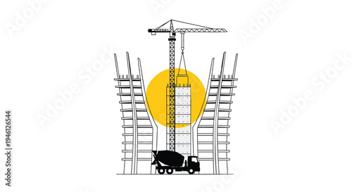 Vector illustration of construction site with crane and scaffolding