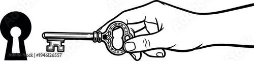 A hand inserting an old-fashioned key into a padlock to symbolize access or unlocking potential. Vector