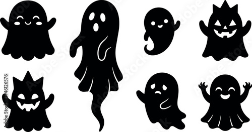 Playful flat design black ghost characters set with various facial expressions arms raised isolated on white background