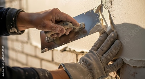 Artisan applying smooth plaster to a brick wall using a metal trowel
