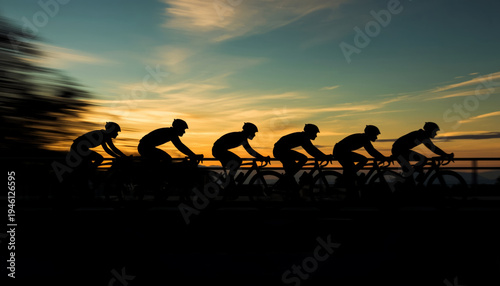 A group of cyclists riding in unison during a beautiful sunset