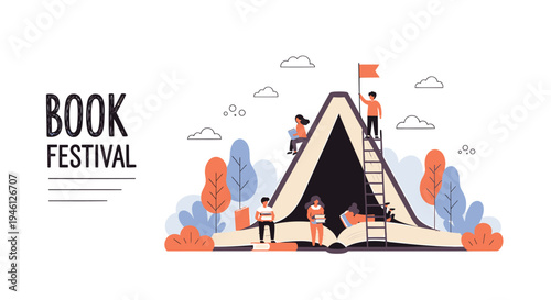 Vector illustration of book festival with people and giant book