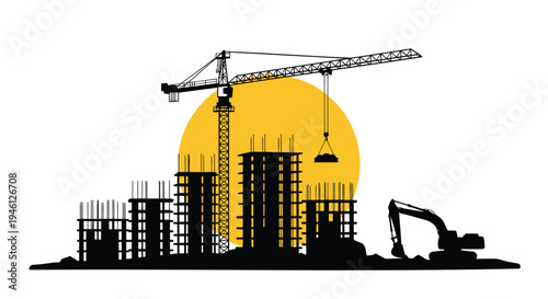 Construction site vector silhouette with crane and excavator