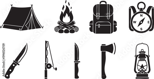 Black and white icons of camping and wilderness survival gear and tools