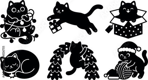 Black silhouette cats playing with yarn and gift box sleeping kitten with christmas wreath and santa hat festive holiday vector art