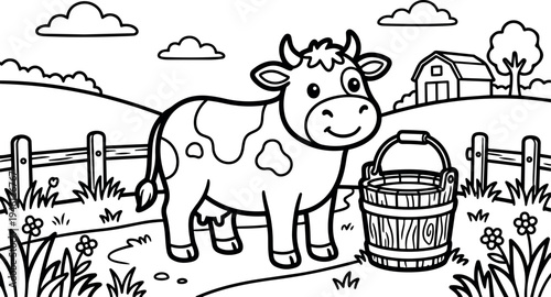 Cute cartoon cow standing near wooden bucket in farm landscape with barn fence flowers and trees simple line art design