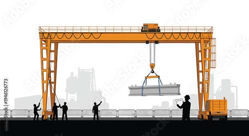 Vector illustration of industrial crane lifting concrete beam with workers on construction site