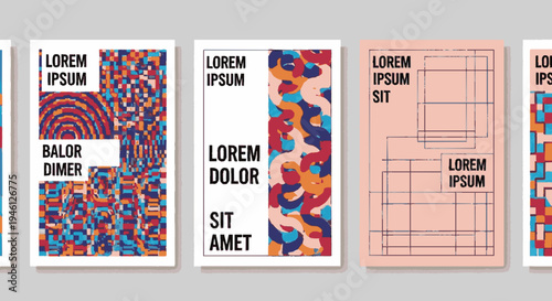 Vibrant brochure templates with colorful patterns and lorem ipsum text on white and pink backgrounds for design and publishing needs