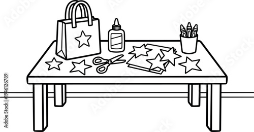 Minimalist line art table with star shaped paper cutouts scissors glue and colored pencils in cup simple craft supplies setup